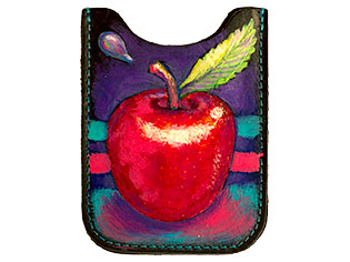 Roter Apfel mit Blatt und Tropfen auf Schwarzem Leder Handy, Leder, Hülle, Tasche