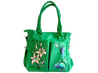 Plants: geko lilie schmetterling 
                    grün tasche handtasche unikat bemalt malerei handbemalt von hand bemalt, 
                    bei klick wird lightbox gestartet